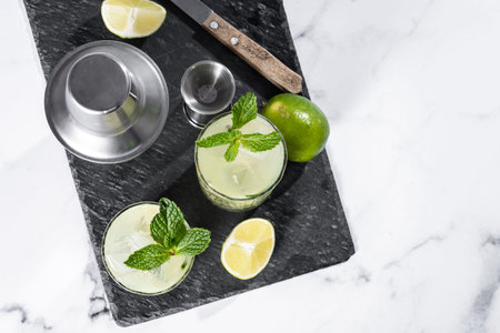 English Garden cocktail on white marble background