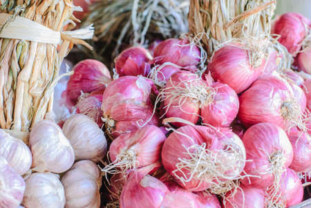 Colorful onions and garlic on the table.