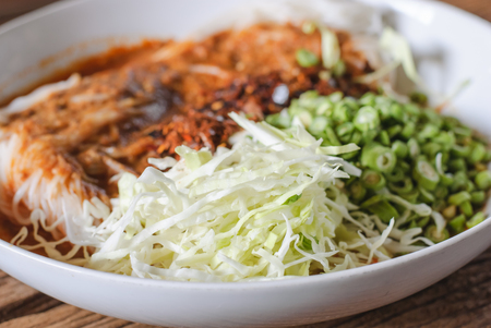 Thai rice vermicelli served with curry it is local Thai foodの写真素材