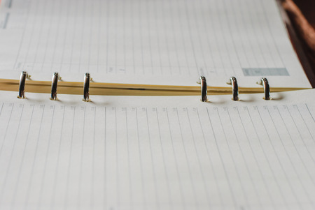 Open Notebook or Journal with blank lined pages for copyspace on a wood background