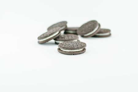 creamy sadwich biscuit with cacao isolated on white background.の写真素材
