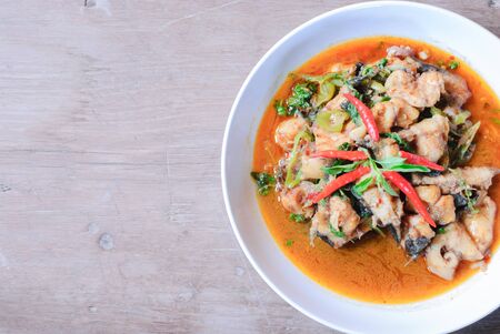 Thai food name Spicy Fried Stir Catfish
