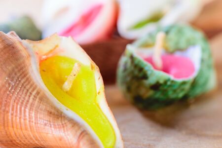 candles hand-made of shells on wood in backgroundの写真素材