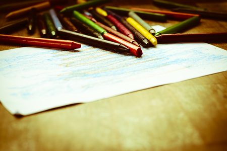 old crayons for painting for children in kindergartenの写真素材
