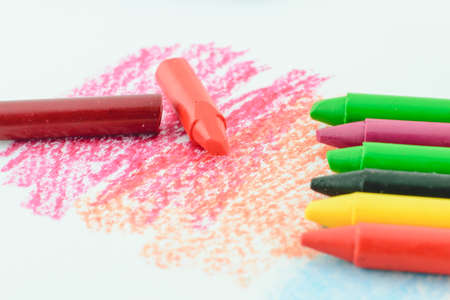 Macro shot of well used brightly colored crayonsの写真素材