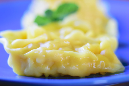 Close up fresh dumpling on plate with hot steams.の写真素材