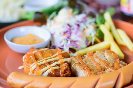 Two pieces of pork steak with vegetable small saladの写真素材