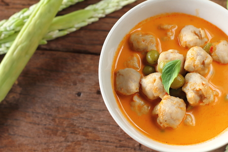 red curry with fish ball in thai foodの写真素材