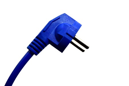 Blue electrical plug and electrical cord isolated on white background.