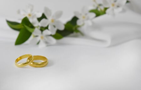 Gold wedding ring have a special day.In the background is blur flower and empty space for text.の写真素材