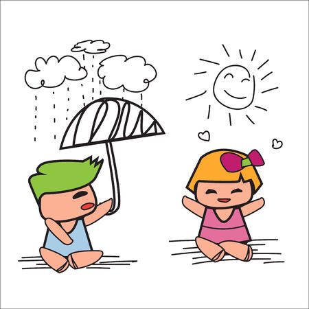 Boy in blue dress Spreading the umbrella on a rainy day and girl wearing a pink dress enjoys a warm day.
- Flat cartoon and contradictory conceptのイラスト素材