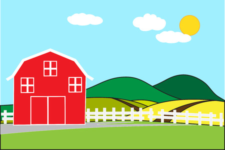 Red barn on a hill in the rural area of rice fields on a bright day and empty space for text. Background concept development for business cultivation and flat cartoon wide angle view.のイラスト素材