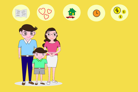 Parents and son stand in a comfortable manner and empty right side space for text. Background concepts essential to the family. Flat cartoon and icon  -Vector illustration eps 10 のイラスト素材
