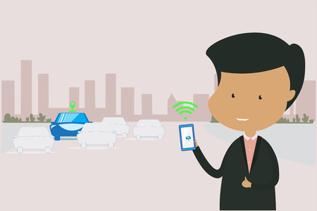 Businessman character wears a black suit standing.holding smartphone turn on communication with vehicle for position (GPS) and safety.Empty space for textのイラスト素材