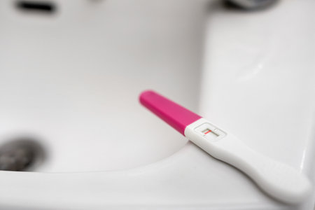Close up of pregnancy test showing a negative result, Selective focus and copy space, Wellness and healthy concept, Infertility problem.の写真素材