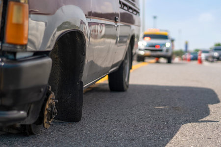Close up of wheel car have problem on highway road, Accident  emergency concept.