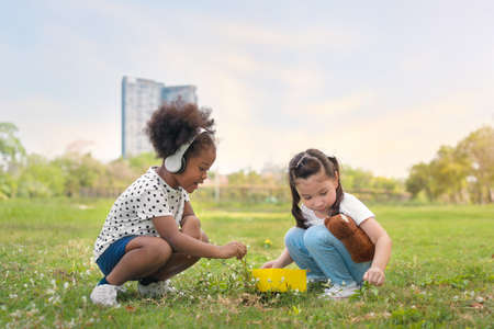 African american and caucasian mix girls playing and hold a american flag at outdoors park, Ethnic girls , Relationship little kids, Diverse ethnic concept.の写真素材