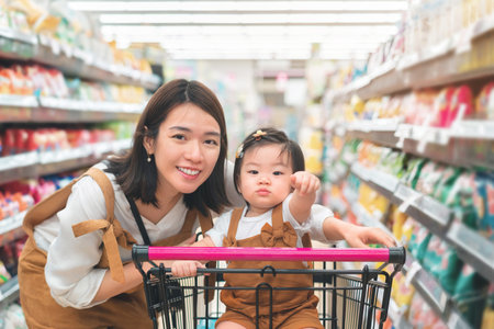 Asian mother and her daughter buying food at huge supermarket , Baby sit in trolley, Family shopping concept.の写真素材