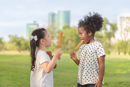 Happy cheerful white girls and black girl eat sausage together at outdoors park , Relationship little kids, Diverse ethnic concept.の写真素材