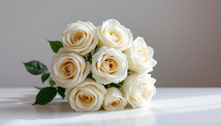 create a digital artwork featuring an elegant cluster of white roses with a minimalist style, use soft pastel color tones to create a serene atmosphere, the position should be balanced with smooth curves, the aesthetic should be modern and have a high resolution, add rebellion by incorporating radiant serene tones and glimmering silver hues in vivid glaring beams from motion blur, background, Generative AIの素材