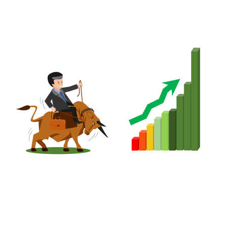 Businessman ride a bull. Concept business vector illustration. Flat design style.The concept of Bull market on stock market investment good situation. isolated on white background.のイラスト素材