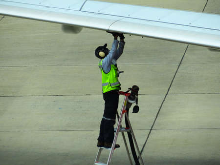 Refuel truck for airplane parked and waiting refuel the airplane on ground in the airport. Ground...