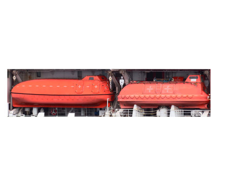 Offshore Life boat or survival craft at muster station of oil and gas drilling rig.