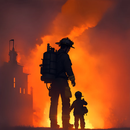 Silhouette fireman recuing a boy. fireman team stand with your back. Rescue teamの写真素材