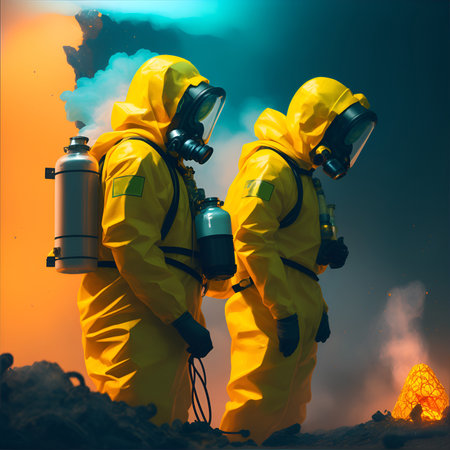Scientist in a protective suit are in Biological and chemical hazard area. Scientist put on Radiation And Chemical Safety Suit to contact toxic in a hole.の写真素材
