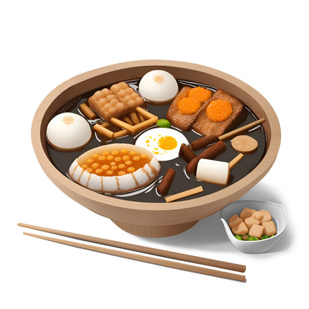 Traditional Japanese Oden with radishes, potatoes, chikuwa, meatball, fish cakes and boiled egg of food stewed in a black bowl. Selective focus on white backgroundの素材