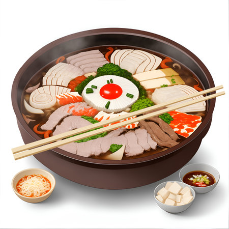 It is an illustration of sukiyaki on white background. Shabu hot pot or Sukiyaki, a popular dish of pork, beef, seafood, and fresh vegetables are boiling in a pot.の素材