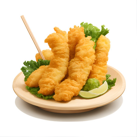 Deep fried Shrimps Tempura on white background, traditional japanese food served with sliced radishes and a cup of dipping sauce.の素材