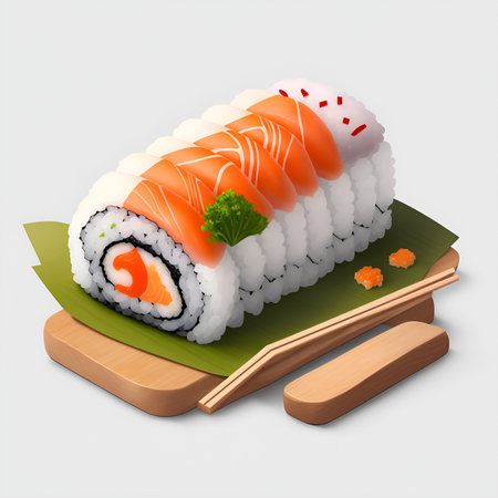 Salmon sushi on a White background, Delicious nigiri sushi with salmon.の素材