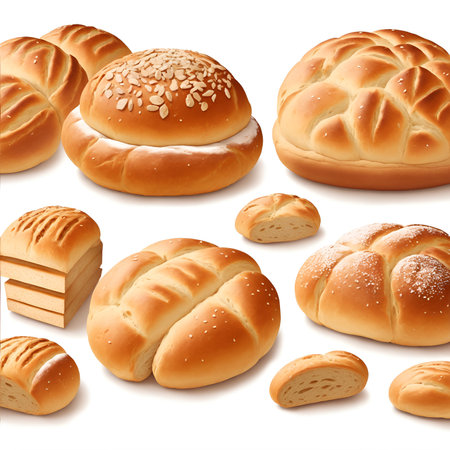 Bread and buns realistic set on white background. Different kinds of bakery and bread of wheat products with croissants and toast bread. Isolated on white background. Top view. Realistic illustration.の素材