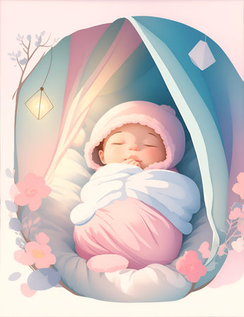 Cute babies sleeping under a blanket with a toy bunny. Sleeping baby in cartoon style,  Illustration style.の素材