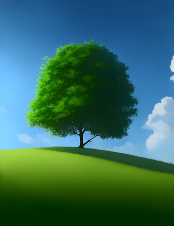 Blossom tree and green field on a blue sky background with clouds. illustration summer landscape. Green Field with tree and blue skyの素材