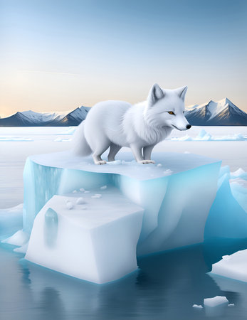 Arctic fox on ice floe arctic landscape. illustration of cute north pole animals. Northern Arctic fox. For the design of holiday cards, birthday, sublimation, children's design,の素材