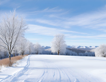 snow covered open winter landscape at snowfall, snowy trees with blue sky background. Winter Landscape Background. winter seasonal landscape with woods background, snowy calm natureの素材