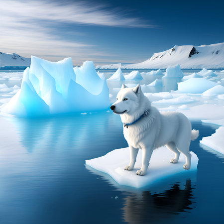 The Arctic dog on ice floe arctic landscape. illustration of cute north pole animals. Northern Arctic dog. For the design of holiday cards, birthday, sublimation, children's design, Sea polar animalの素材