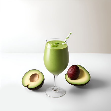 Realistic smoothie wine glass with straw and avocado fruit halves on green juice splash motion. Detox cocktail for healthy lifestyle on white background.の素材