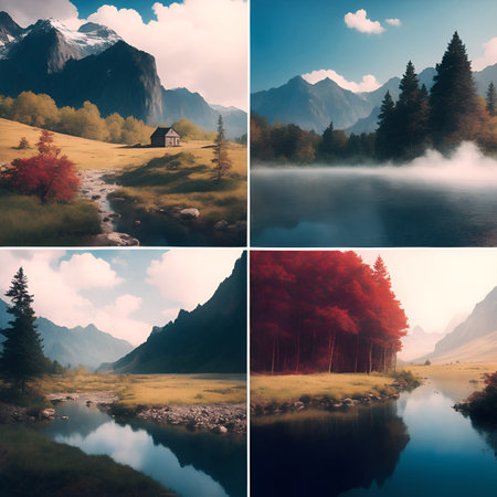 4 picture of MOUNTAIN AND RIVER IN A VALLEY. A flowing river, blue sky, high mountains and green meadows. Vintage style.の素材