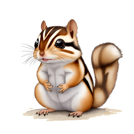 Cute chipmunk stands on a ground. illustration with animal in cartoon style. Sitting chipmunk drawn in a flat style. Isolated object on a white backgroundの素材