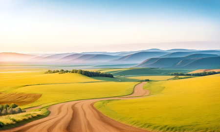 Spring landscape morning in valley with green meadow on hills, orang and blue sky, Spring panorama forest view by the dirt road, Countryside with green field and sunset. Illustration style.の素材