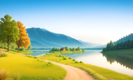 Spring landscape morning in village with green meadow on hills, orang and blue sky, Spring panorama view by the river, Countryside with river,green field,wild flowers and sunset.の素材
