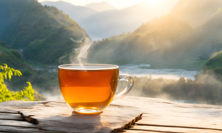 Tea cup on a wooden table with green leave background. Transparent cup of green tea on wooden table. Hot black tea. Wooden desktop with transparent hot green tea cup on blurry background.の素材
