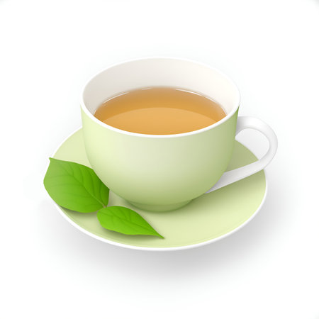 Cup of green tea with green leaves illustration. A teacup  isometric view isolated on white background. Realistic model cup of hot drink green tea. hot healthy drink. Realistic image of green cup of tea.の素材