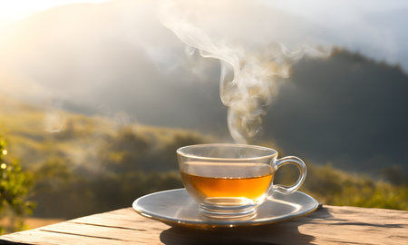 Tea cup on a wooden table with green leave background. Transparent cup of green tea on wooden table. Hot black tea. Wooden desktop with transparent hot green tea cup on blurry background.の素材