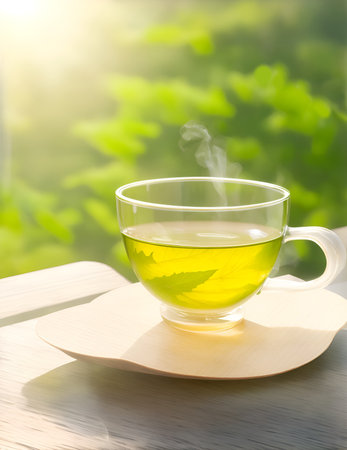 Tea cup on a wooden table with green leave background. Transparent cup of green tea on wooden table. Hot black tea. Wooden desktop with transparent hot green tea cup on blurry background.の素材