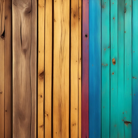 Colorful painted wooden plank background texture. Art Wooden Background. Creative Colorful Wallpaper. Restored old wooden Texture. Wood Surface Fence Panel with boards painted Multicolored Paint,の素材
