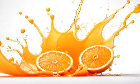 Advertisement picture of orange juice splashing with its fruit isolated on white. Freeze motion of sliced orange with splashing juice isolated.の素材